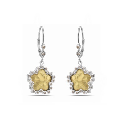 Sterling Silver Earring 15mm 2 Tone Gold Hammered Star with Champagne Cubic Zirconia Aro