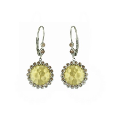 Sterling Silver Earring 14X14mm 2 Tone Gold Round Hammered with Champagne Cubic Zirconia