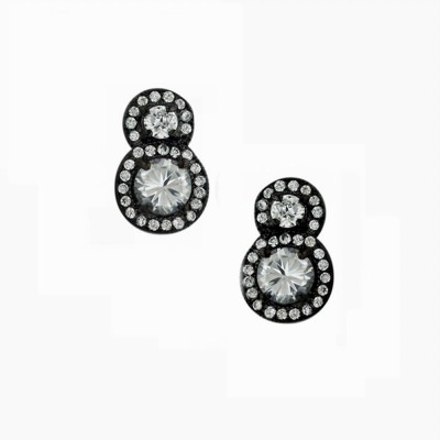 Sterling Silver Earring Double 5+3mm Micropave Round Clear Cubic Zirconia with Black