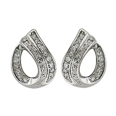 Sterling Silver Earring Ribbon Formed Teardrop with Clear Cubic Zirconia