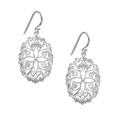 Sterling Silver Earring Open Oval Swirl & Flower Filigree