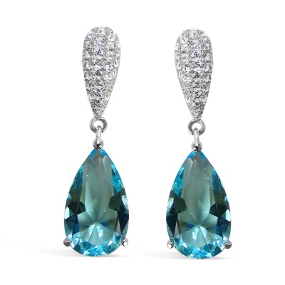 Sterling Silver Earring Tear Drop Pave Top Tear Drop Blue Topaz
