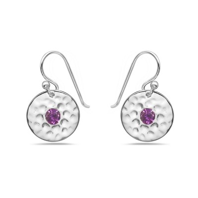 Sterling Silver Earring Round Hammer Center 1 Pc Of Amethyst Cubic Zirconia