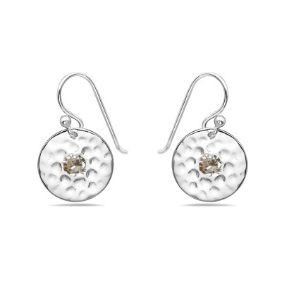 Sterling Silver Earring Round Hammer Center 1 Pc Of Clear Cubic Zirconia Ec