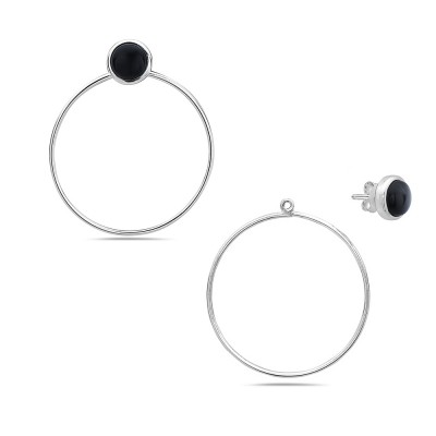 Sterling Silver EARRING STUD BLACK ONYX WITH CIRCLE CONVERTIBLE