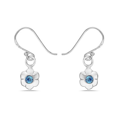 Sterling Silver EARRING FLOWER DANGLE AQUA BLUE CRYSTAL CENTER