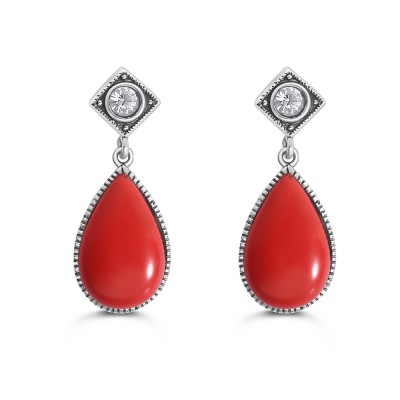 Sterling Silver Square Shaped Top Post Teardrop Red Reconstructed Coral Stone 2S-7406CRCY