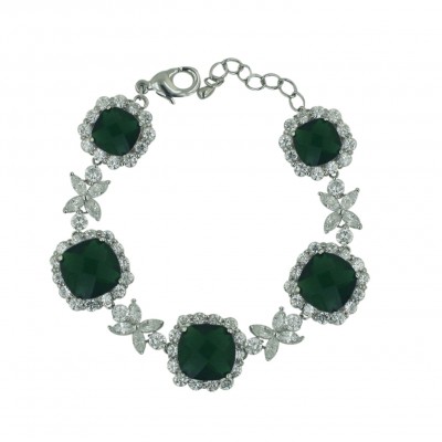 BRASS BRACELET CHESS CUT GREEN GLASS +CLEAR CUBIC ZIRCONIA CUSHION