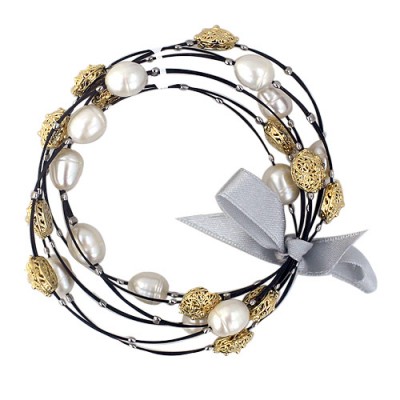 BRASS BRACELET SET 6 SLINGS W/12 POTATO FRESH WATER PEARL + 12 GD BR