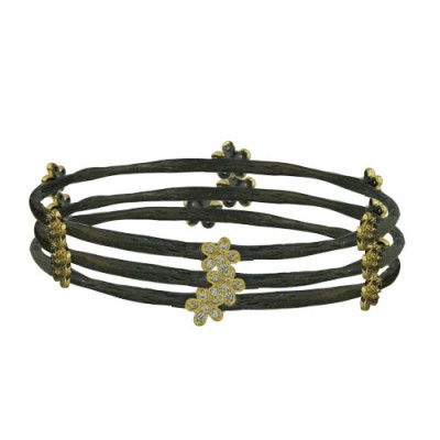 BRASS BANGLE SET 3 BANGLES 6 GD FLOWER W/CL CUBIC ZIRCONIA ON EAC