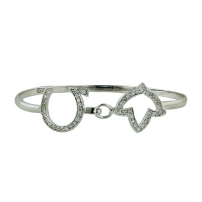 BRASS BANGLE CLEAR CUBIC ZIRCONIA HORSESHOE AND LEAF