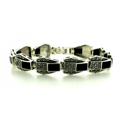 Marcasite Bracelet 10 Rectangular Onyx Inlay with Marcasite Links