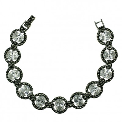 Marcasite Bracelet Clear Cubic Zirconia Oval with Open Pave Marcasite Round Outer Link