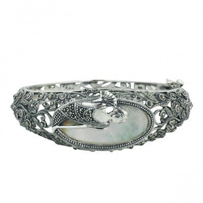 Marcasite Bangle Lady Portrait with Oval White Mother of Pearl Open Fil
