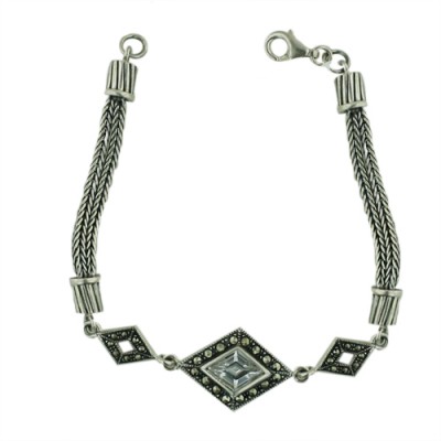 Marcasite Bracelet 8X11 Clear Cubic Zirconia Rhombus Marcasite Around Open Rhombus