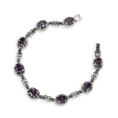 MARCASITE BRACELET OVAL AMETHYST CUBIC ZIRCONIA LINK