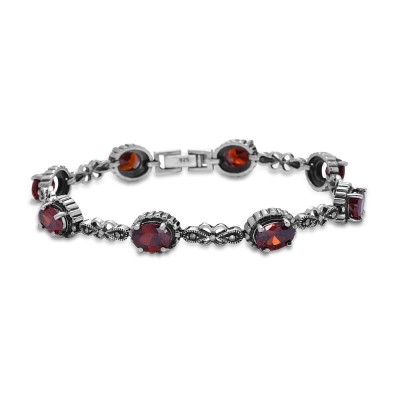 MARCASITE BRACELET OVAL GARNET CUBIC ZIRCONIA LINK