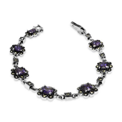 MARCASITE BRACELET SQUARE AMETHYST  CUBIC ZIRCONIA MARCASITE AROUND
