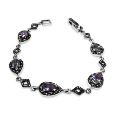 MARCASITE BRACLET TEAR DROP AMETHYST CUBIC ZIRCONIA DIAMOND LINKS