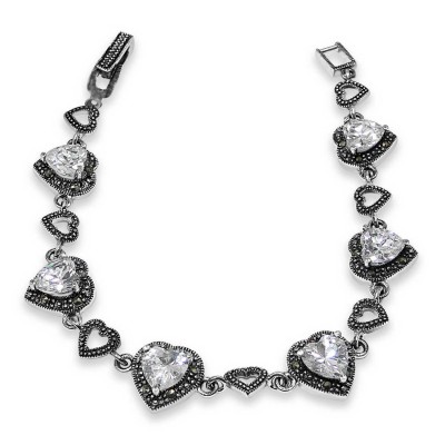 MARCASITE BRACELET HEART SHAPE CLEAR CUBIC ZIRCONIA HEART LINE LINKS