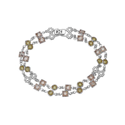 Sterling Silver Bracelet 2 Strand Square+Round Chess Cut Champagne+Citrine Cubic Zirconia Beze