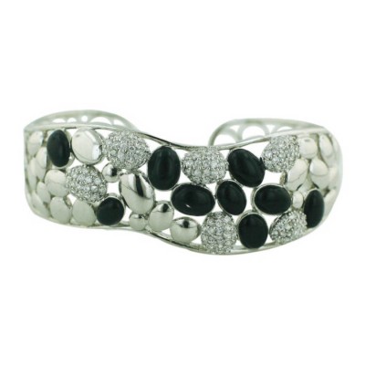 Sterling Silver Bangle Round Onyx+Clear Cubic Zirconia+Plain Curvy