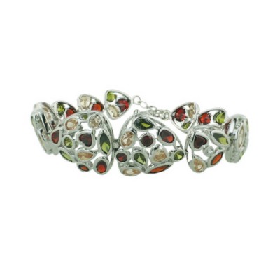 Sterling Silver Bracelet 12Pcs Mix Shape Champagne/Garnet /Olivine Cubic Zirconia Trillion Links