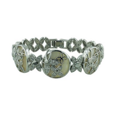 Sterling Silver Bracelet 3 Round White Mother of Pearl Plain+Clear Cubic Zirconia Butterfly with