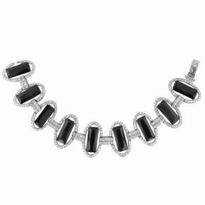 Sterling Silver Bracelet 7.25 in 9 Pcs 17X7mm Black Cubic Zirconia Square with Clear Cubic Zirconia Ope