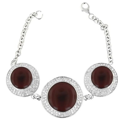 Sterling Silver Bracelet 8 In. 29mm+2 25mm Carnelian Round with Clear Cubic Zirconia