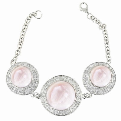 Sterling Silver Bracelet 8 In. 29mm+2 25mm Pink Mother of Pearl Round with Clear Cubic Zirconia A