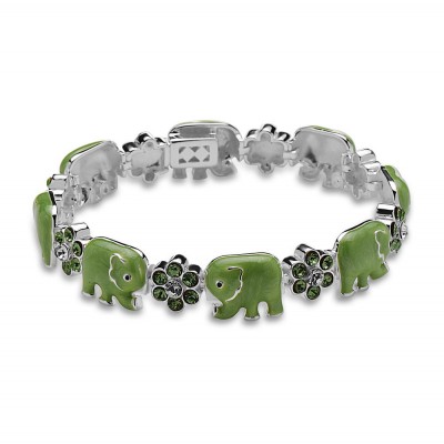 STERLING SILVER BRACELET 7.5'' 8 PCS APPLE GREEN  ENAMEL ELEPHANT