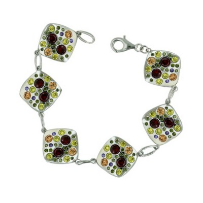 Sterling Silver Bracelet 7.5 In. 20X20mm 6 Multicolor-Am+Champagne+Garnet +Citrine+Olivine Cubic Zirconia