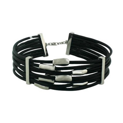 Sterling Silver Bracelet 7.5mm 8 Strand Black Leather with Silver Rectangular