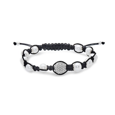 Sterling Silver Bracelet Braided 9-10mm Fresh Water Pearl with 12mm Clear Cubic Zirconia Pave Ball