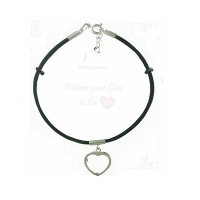 Heart Frame Charm Black Leather Necklace