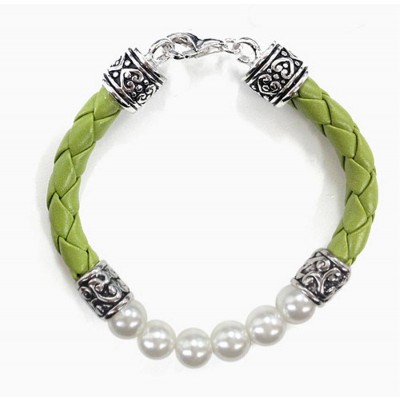 Sterling Silver Bracelet 6/8mm Pearls with Green Braid+Findings