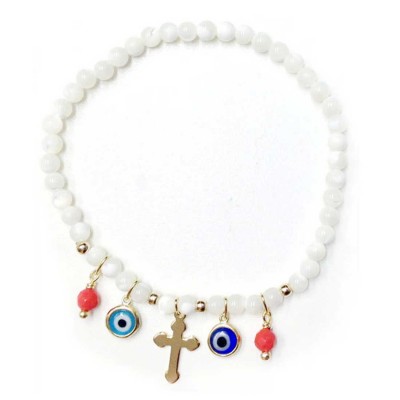 Sterling Silver Brclt Mother of Pearl/Fresh Water Pearl/ Evil Eye+Cross Charms