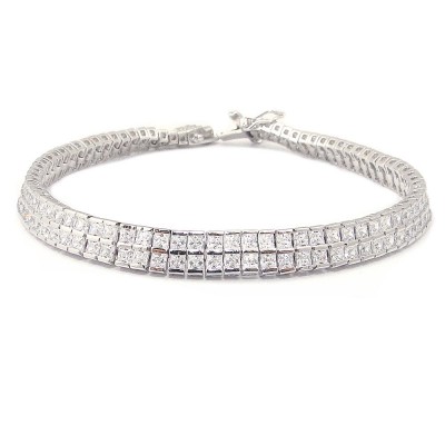 STERLING SILVER BRACELET TWO ROW 2MM SQUARE CLEAR CUBIC ZIRCONIA BEZEL SET-7.5