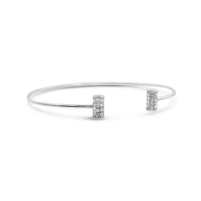 STERLING SILVER BANGLE OPEN CYLINDER TIPS CLEAR CUBIC ZIRCONIA-RHODIUM
