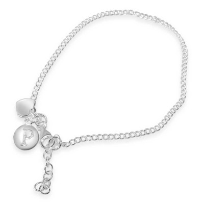 Sterling Silver Bracelet P Intial With Hear Charms-Ecoated 7.25
