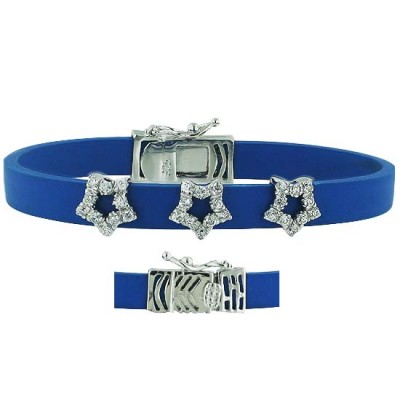 Sterling Silver Bracelet Blue Rubber 3 Stars Pierced Clear Cubic Zirconia