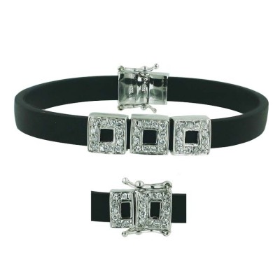 Sterling Silver Bracelet Black Rubber 3 Square Pierced Clear Cubic Zirconia