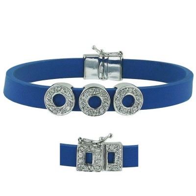 Sterling Silver Bracelet Blue Rubber 3 Circles Clear Cubic Zirconia