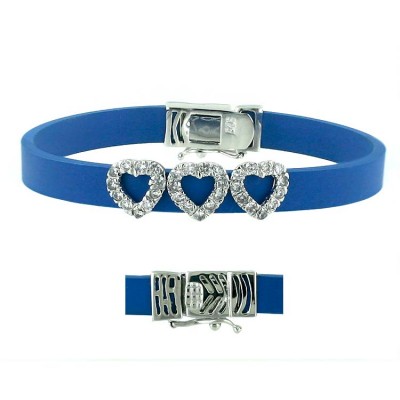 Sterling Silver Bracelet Blue Rubber 3 Hearts Pierced Clear Cubic Zirconia