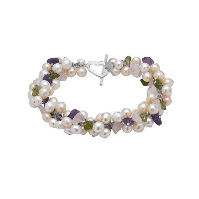 Sterling Silver Bracelet Cluster F.with .Pearls (White/Peach) +Chips Se