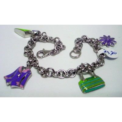 Sterling Silver Bracelet Purse, Flower, Jacket, Shoe Enamel Charms