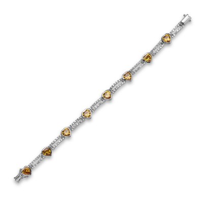 Sterling Silver Bracelet Yellow Cubic Zirconia Heart Bezel Links with 2 Linear Clear