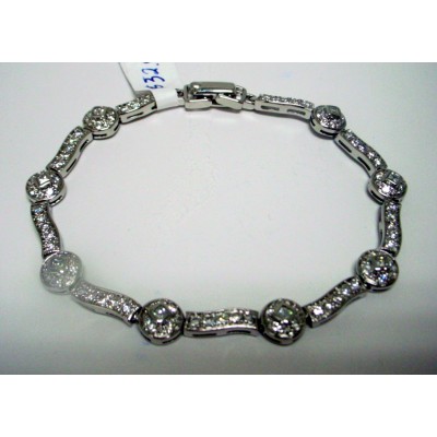 Sterling Silver Bracelet Clear Cubic Zirconia Round+Wave Bar