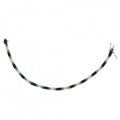 Sterling Silver Bracelet 7 In. Bk+Clear Cubic Zirconia Baguette Links
